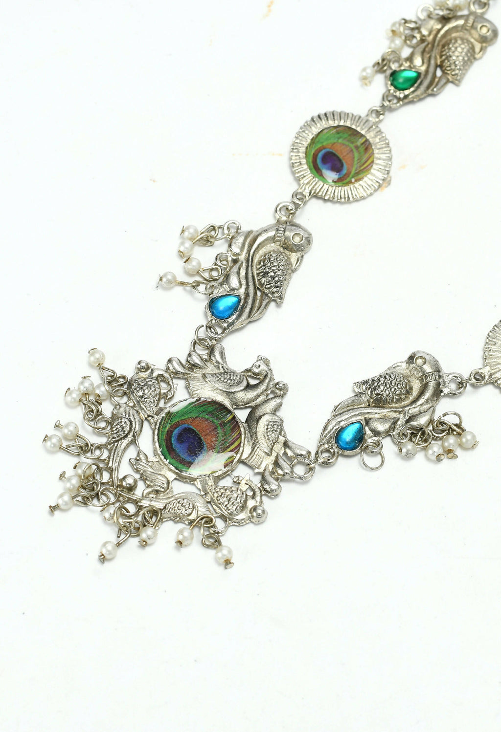 Mominos Fashion Johar Kamal Oxidised Silver-Plated Brass Finish Long Necklace For Women (Silver)