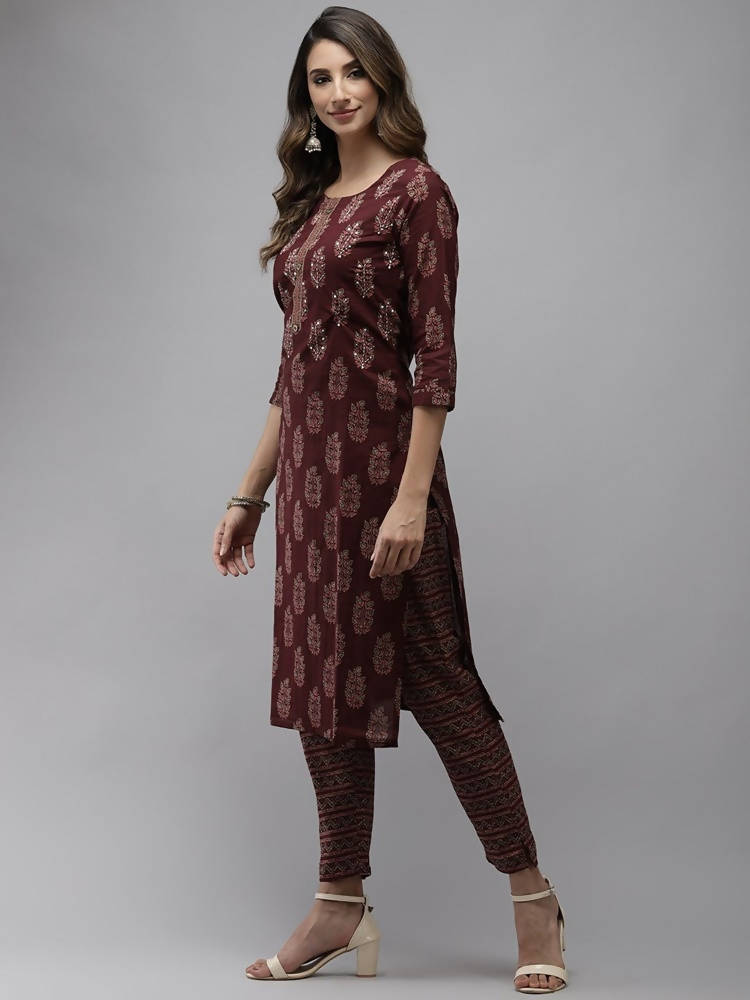 Yufta Women Maroon Ethnic Motifs Regular Sequinned Pure Cotton Kurta with Trouser | Grab2Buy