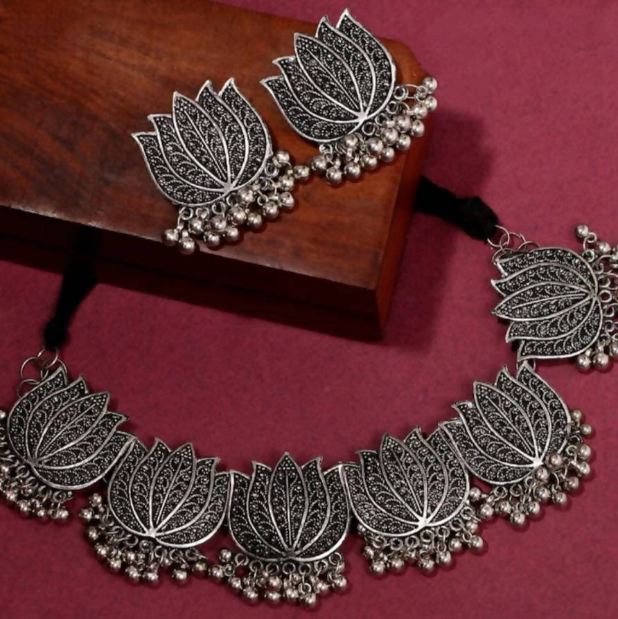 Mominos Fashion Oxidised Lotus Design Silver Color Necklace Choker Set | Grab2Buy