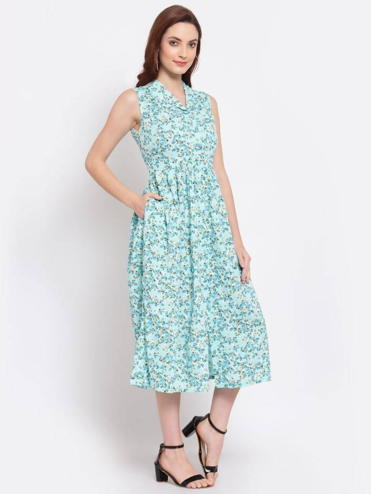 Myshka Women's Green Printed Rayon Sleeveless Collar Neck Casual Dress | Grab2Buy