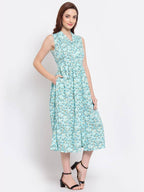 Myshka Women's Green Printed Rayon Sleeveless Collar Neck Casual Dress | Grab2Buy