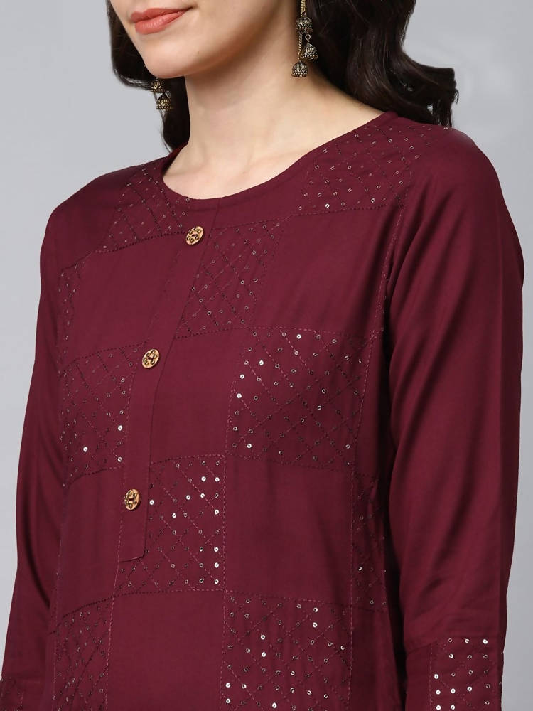Yufta Women Maroon Self Design Kurta with Palazzo | Grab2Buy
