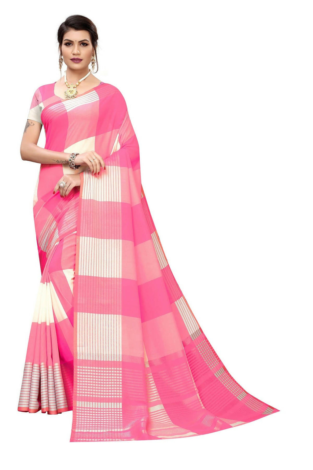 Vamika Pink Cotton Silk Weaving Saree (Gamma Checks Pink) | Grab2Buy