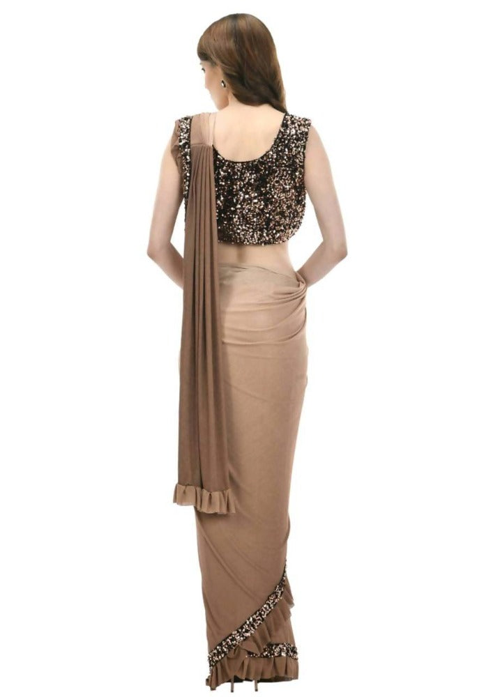 Mominos Fashion All Season Wear Camel Colour Shaded Ruffled Ready To Wear Saree | Grab2Buy