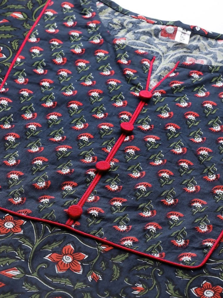 Yufta Women Navy Blue & Pink Ethnic Motifs Printed Pure Cotton Kurta with Trouser | Grab2Buy