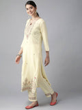 Yufta Women Cream-Coloured Ethnic Motifs Embroidered Regular Thread Work Kurta with Palazzo & With Dupatta | Grab2Buy