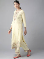 Yufta Women Cream-Coloured Ethnic Motifs Embroidered Regular Thread Work Kurta with Palazzo & With Dupatta | Grab2Buy