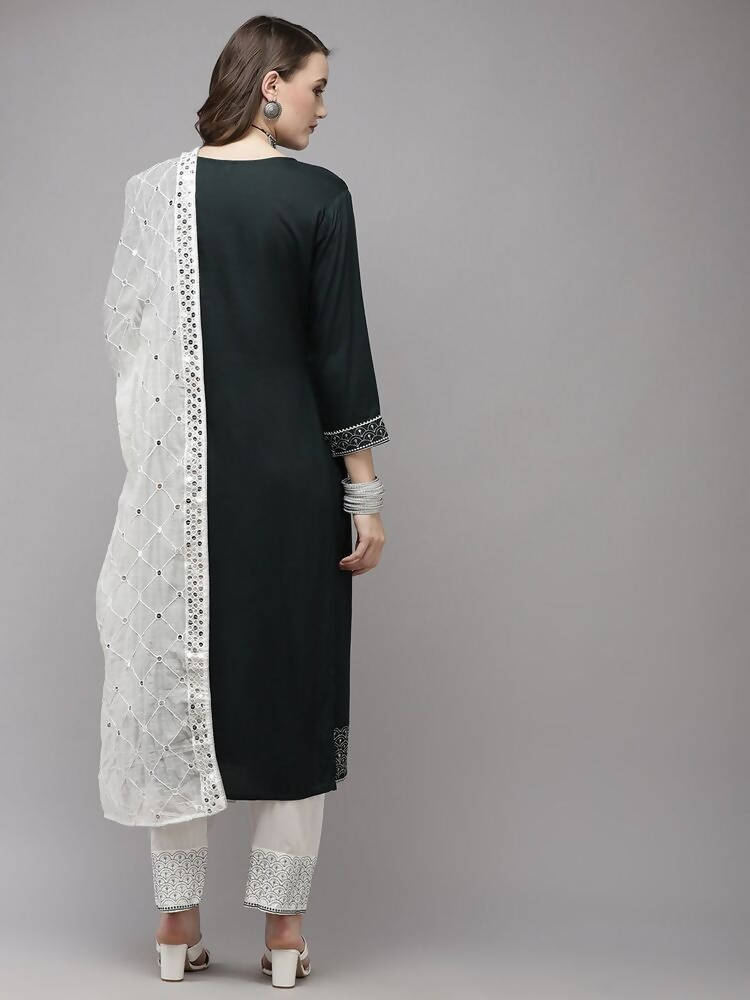 Yufta Women Green Yoke Design Regular Sequinned Kurta with Palazzo & With Dupatta | Grab2Buy