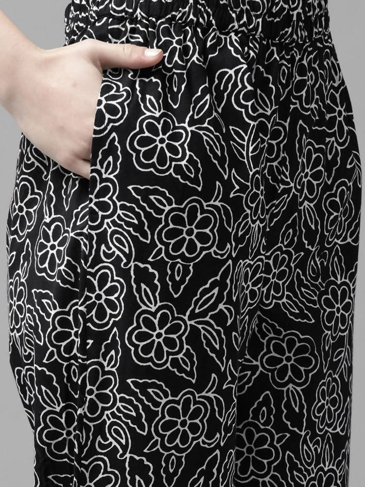 Yufta Women Black & White Ethnic Print Sequined Pure Cotton Kurta with Trouser and Dupatta | Grab2Buy