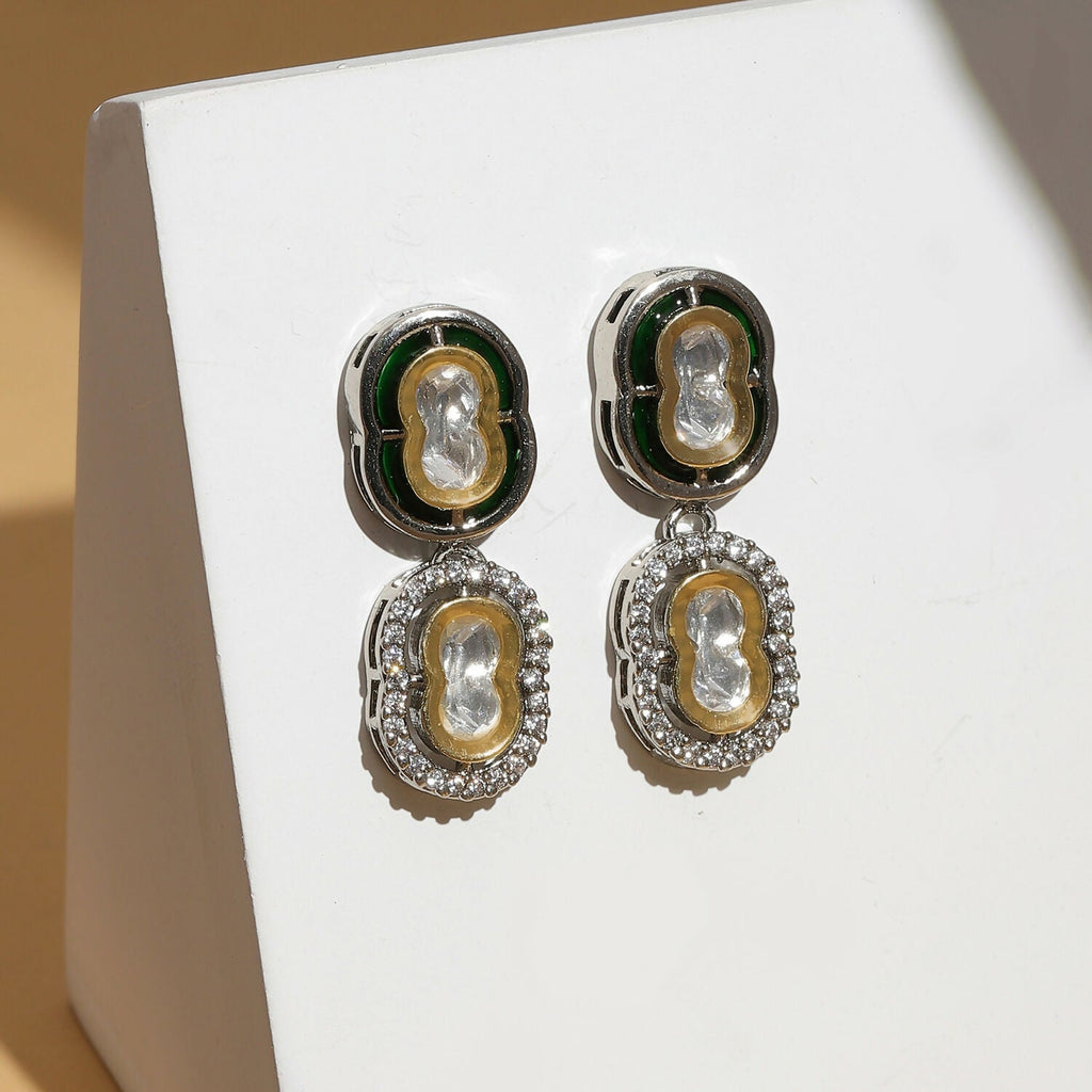 Double Mufli (peanut) Meenakari and Diamond Earrings (Silver) - Ruby Raang | Grab2Buy