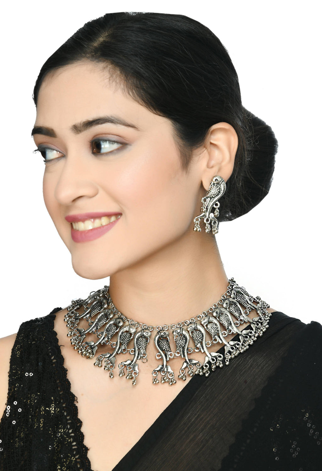 Mominos Fashion Johar Kamal Oxidised Silver-Plated Brass Finish Peacock Choker For Women (Silver) | Grab2Buy