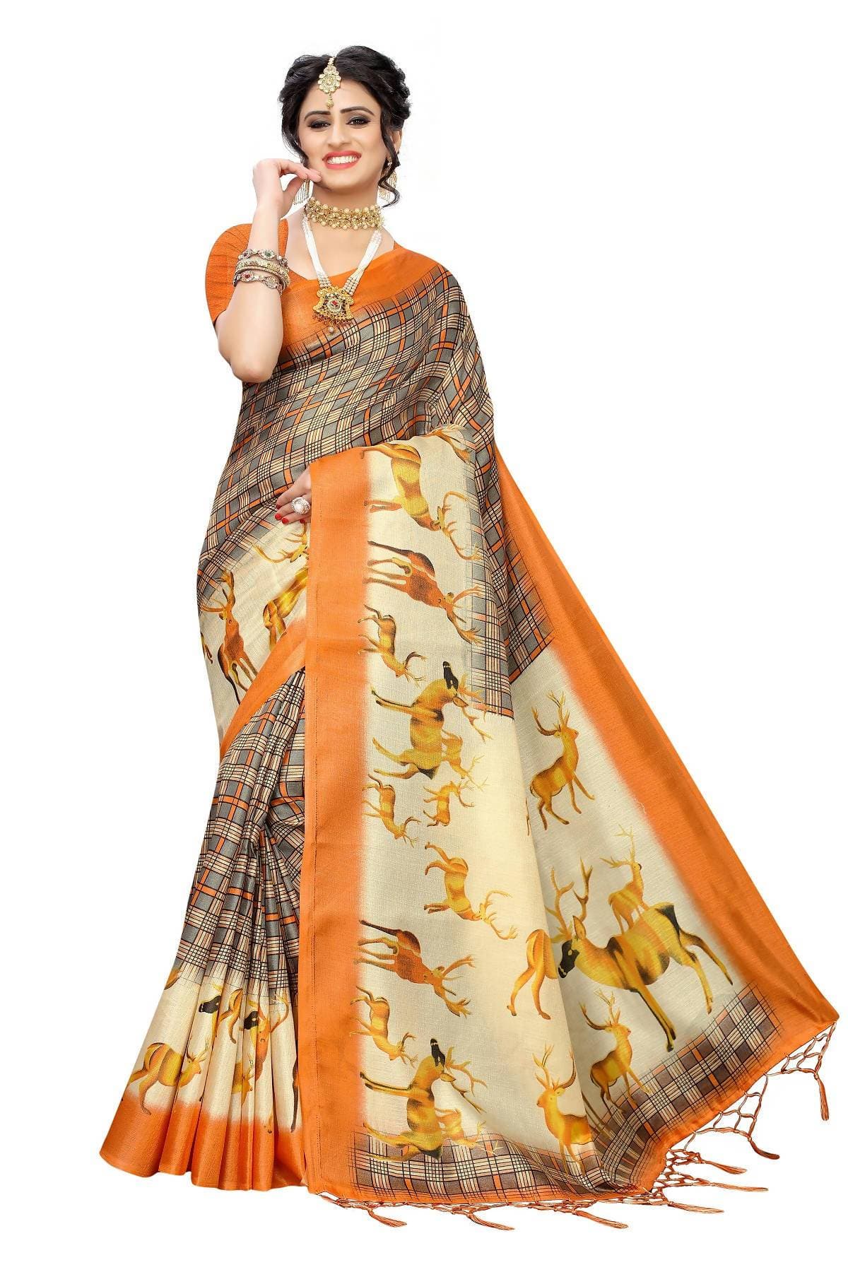 Vamika Multicolor Orange Kalamkari With Jhalar Khadi Silk Saree | Grab2Buy