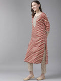 Yufta Women Rust Red and Beige Print Pure Cotton Kurta with Trouser and Dupatta | Grab2Buy