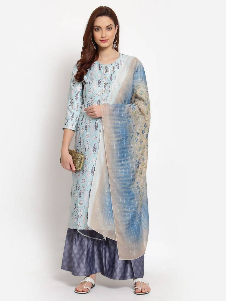 Myshka Women's Multi Printed Cotton Blend 3/4 Sleeve Round Neck Casual Kurta Palazzo Dupatta Set | Grab2Buy
