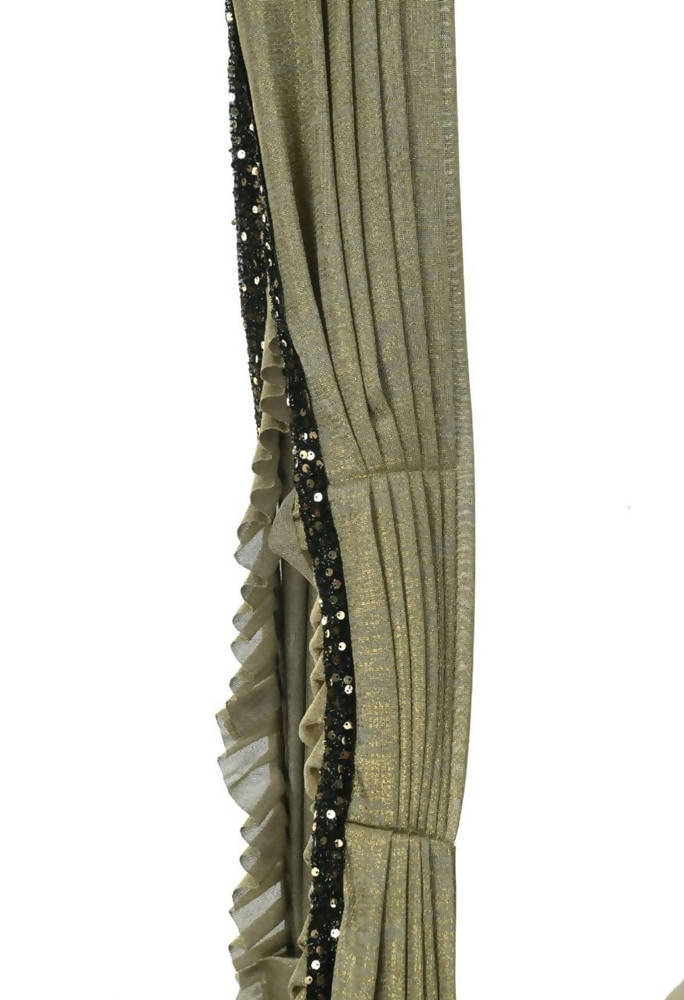 Mominos Fashion All Season Wear Olive Green And Black Ruffled With Blouse Ready To Wear Saree | Grab2Buy
