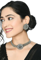 Mominos Fashion Johar Kamal Oxidised Silver-Plated Brass Finish Kundan Choker For Women (Silver) | Grab2Buy