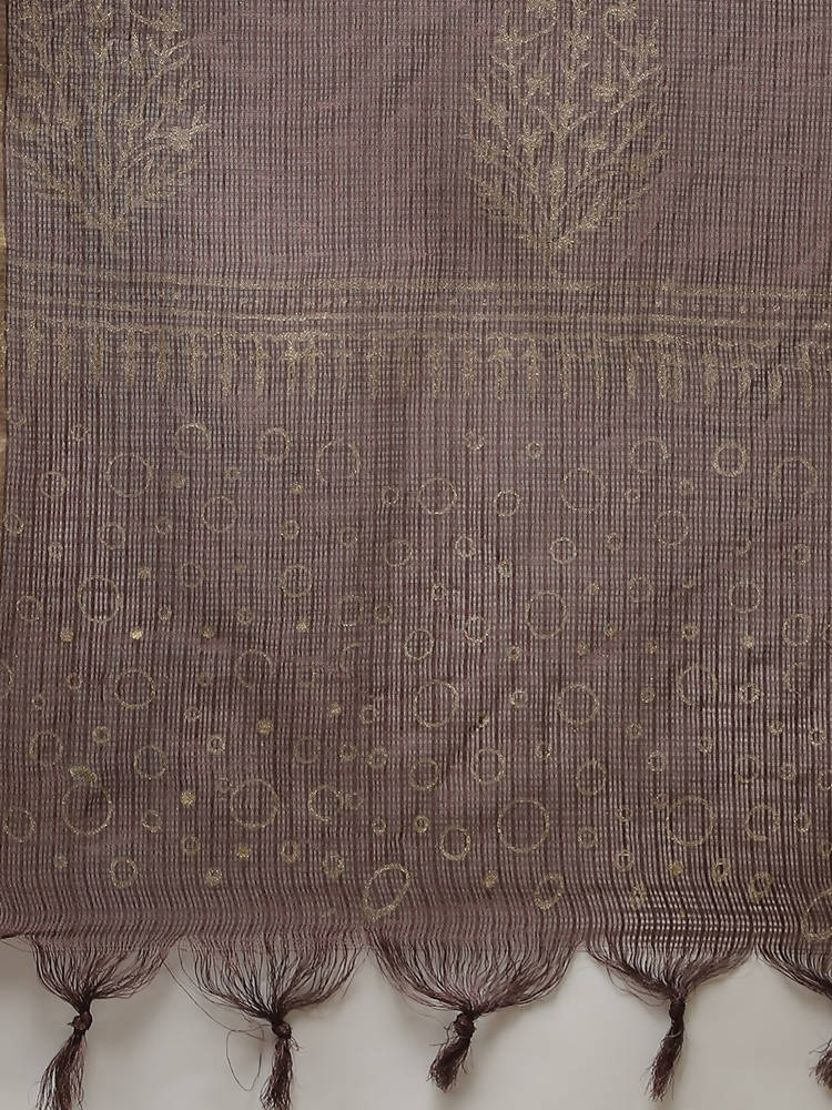 Yufta Women Brown Printed Panelled Beads and Stones Pure Cotton Kurta with Trouser & With Dupatta | Grab2Buy