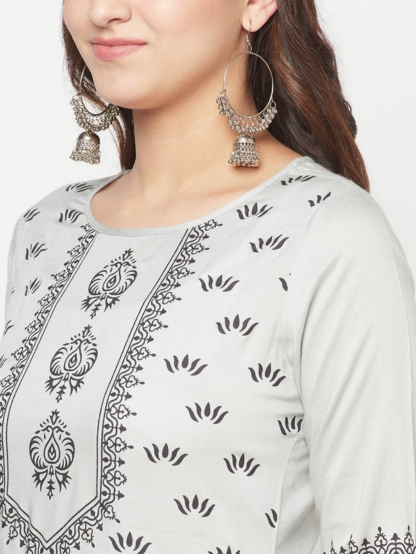 Aniyah Rayon Screen Print Light Grey Straight Kurta | Grab2Buy