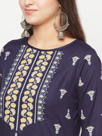 Aniyah Rayon Screen Print Navy Blue Straight Kurta | Grab2Buy