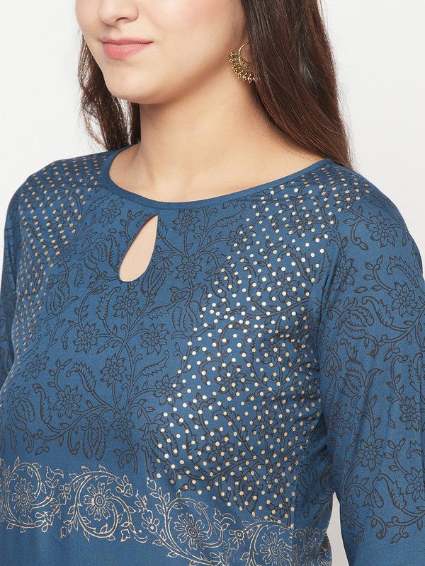 Aniyah Rayon Block Print Straight Blue Kurta | Grab2Buy