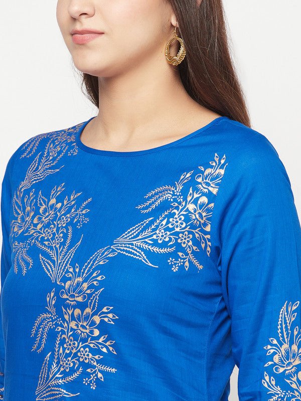 Aniyah Cotton Foil Print Royal Blue Straight Kurta | Grab2Buy