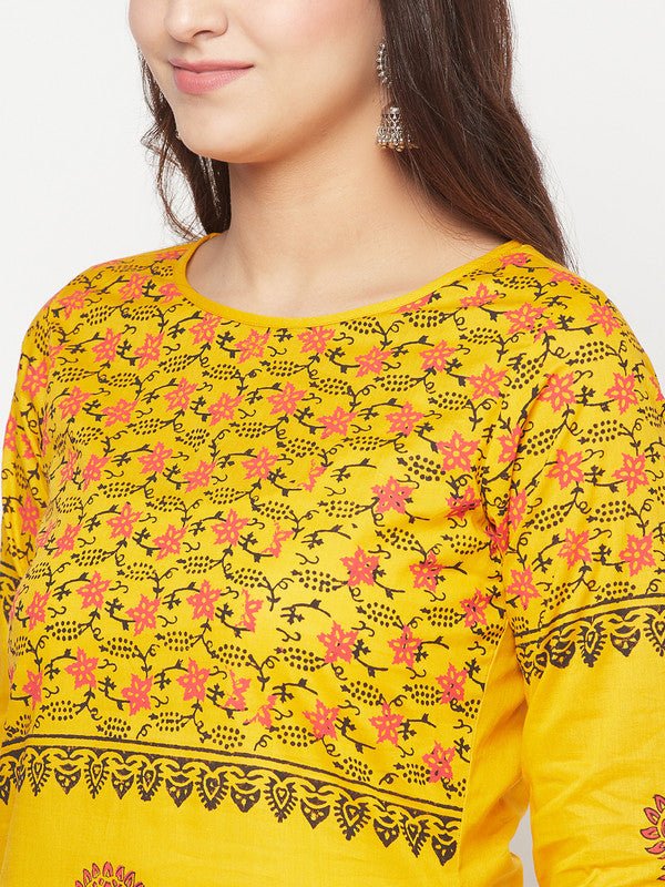 Aniyah Mustard Cotton Block Print Straight Kurta | Grab2Buy
