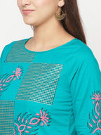 Aniyah Cotton Block Print Turquoise Straight Kurta | Grab2Buy