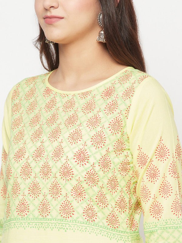 Aniyah Cotton Block Print Lemon Yellow Straight Kurta | Grab2Buy