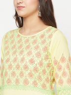 Aniyah Cotton Block Print Lemon Yellow Straight Kurta | Grab2Buy