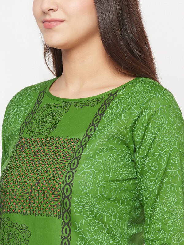 Aniyah Cotton Block Print Green Straight Kurta | Grab2Buy