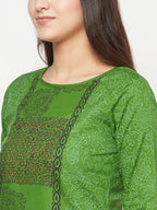 Aniyah Cotton Block Print Green Straight Kurta | Grab2Buy