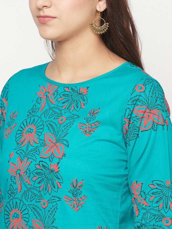 Aniyah Turquoise Cotton Block Print Straight Kurta | Grab2Buy