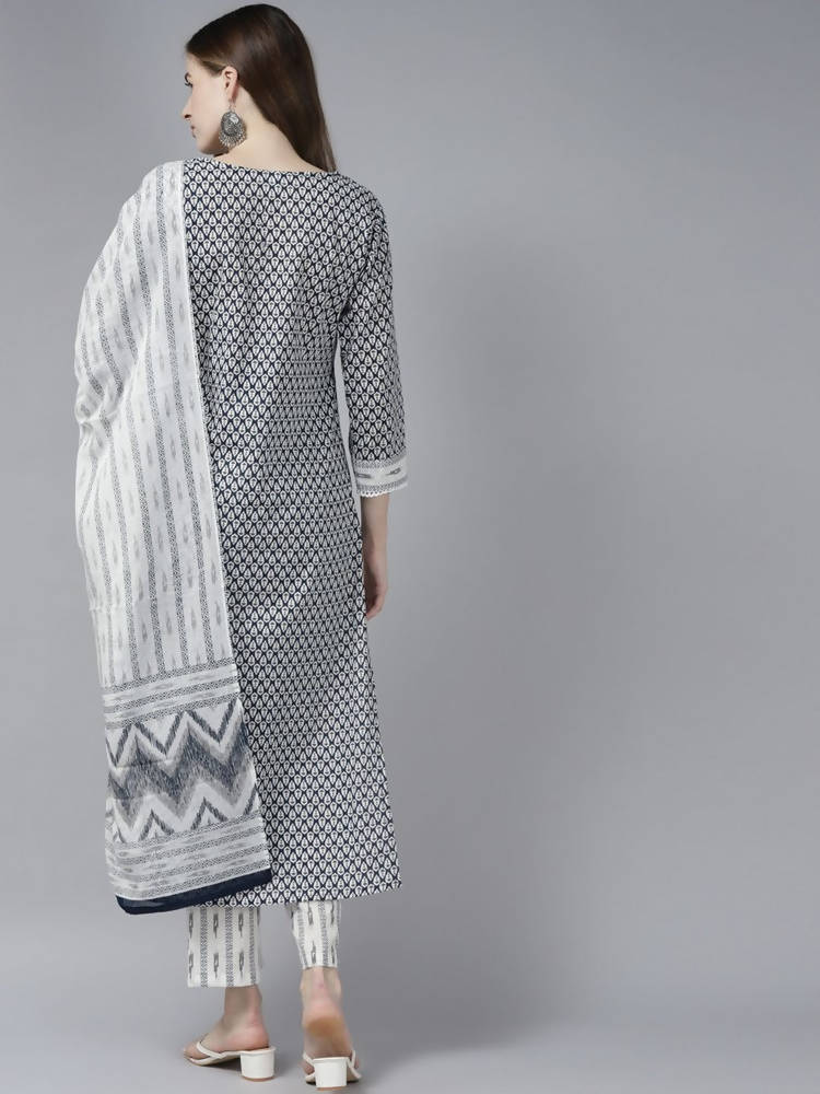 Yufta Women Black White Ethnic Motifs Pure Cotton Kurta with Palazzo and Dupatta | Grab2Buy