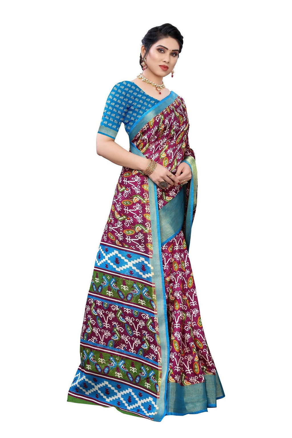 Vamika Purple and Blue Linen Jari Border Saree Online At Low Price | Grab2Buy