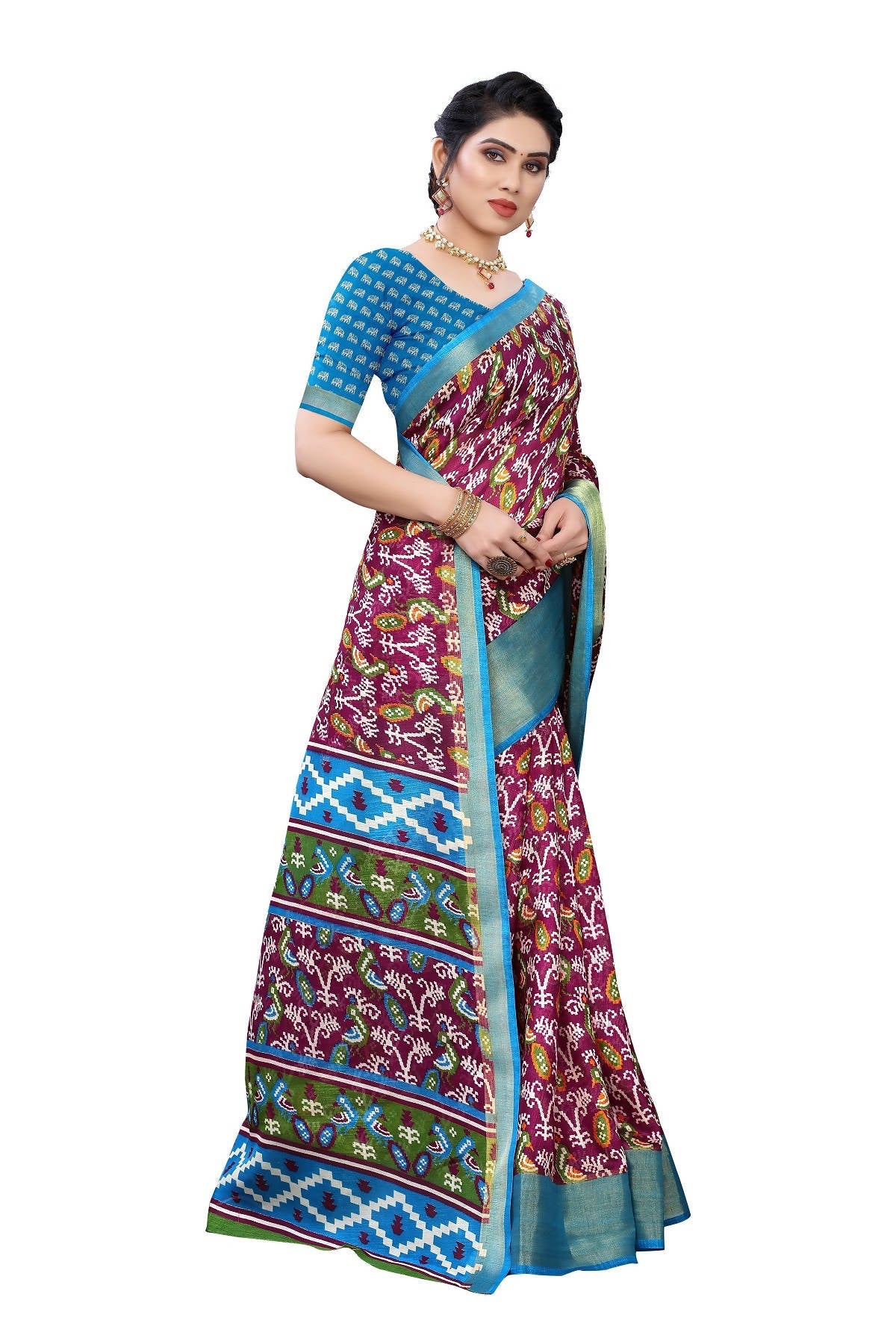 Vamika Purple and Blue Linen Jari Border Saree Online At Low Price | Grab2Buy