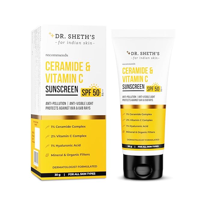 Dr. Sheth's Ceramide & Vitamin C Sunscreen SPF 50+ PA+++ UVA UVB Sun Protection, For All Skin Types | Grab2Buy