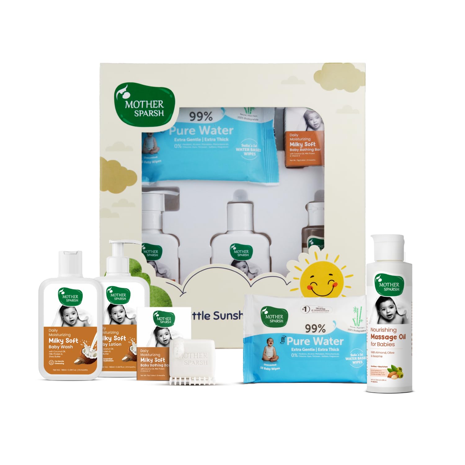 Mother Sparsh Gift Set for Babies, Combo of 5 Baby Skin Care Essentials (Sunshine Box) | Grab2Buy