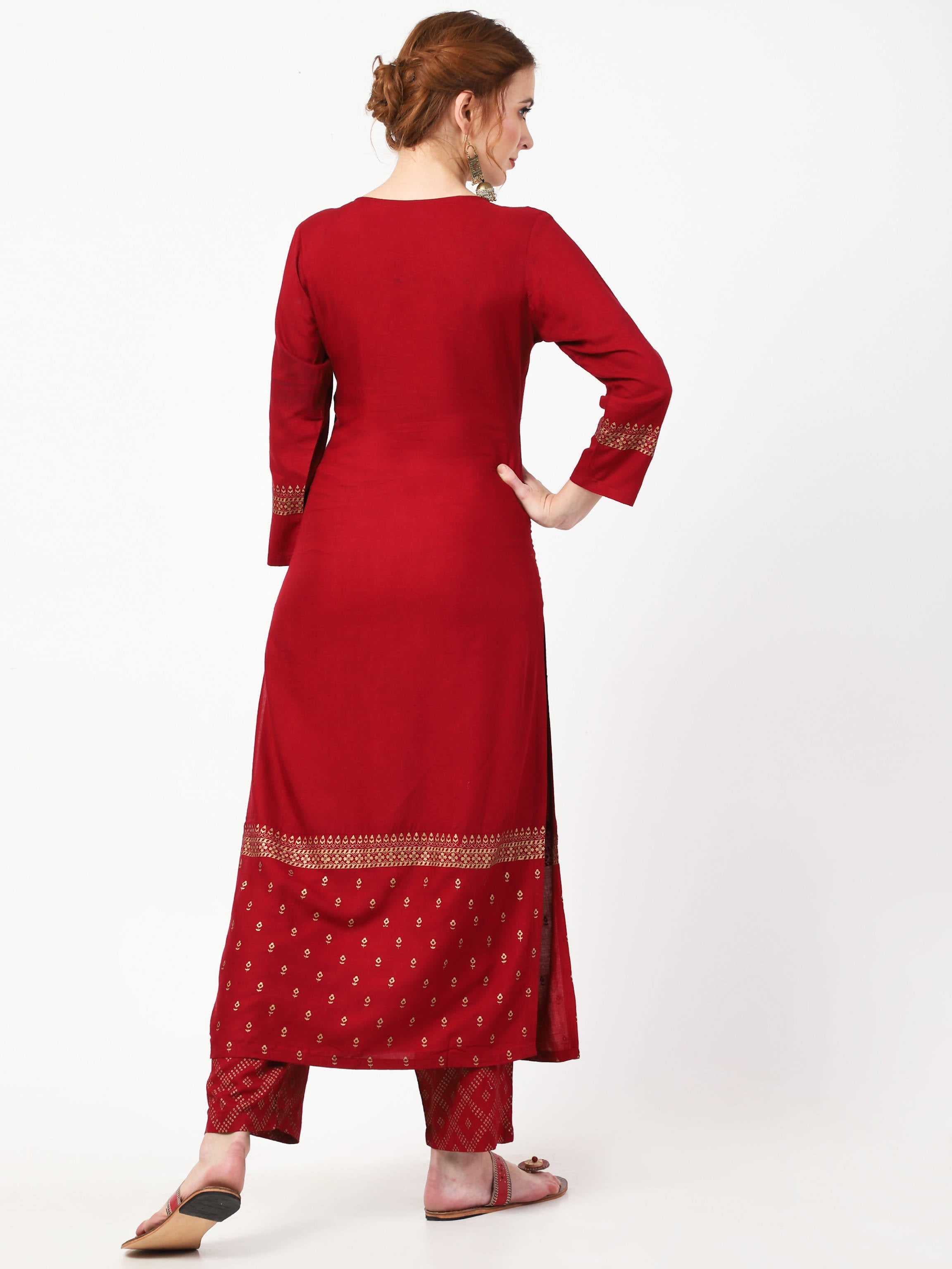 Cheera Gold Printed Maroon Kurta & Palazzo (CH-86KP) | Grab2Buy
