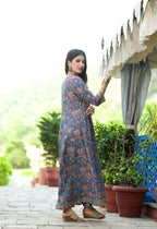 Yufta Women Blue Floral Yoke Design Regular Aari Work Pure Cotton Kurta with Trouser & With Dupatta | Grab2Buy