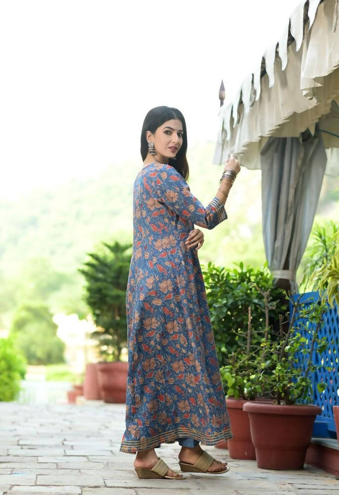 Yufta Women Blue Floral Yoke Design Regular Aari Work Pure Cotton Kurta with Trouser & With Dupatta | Grab2Buy