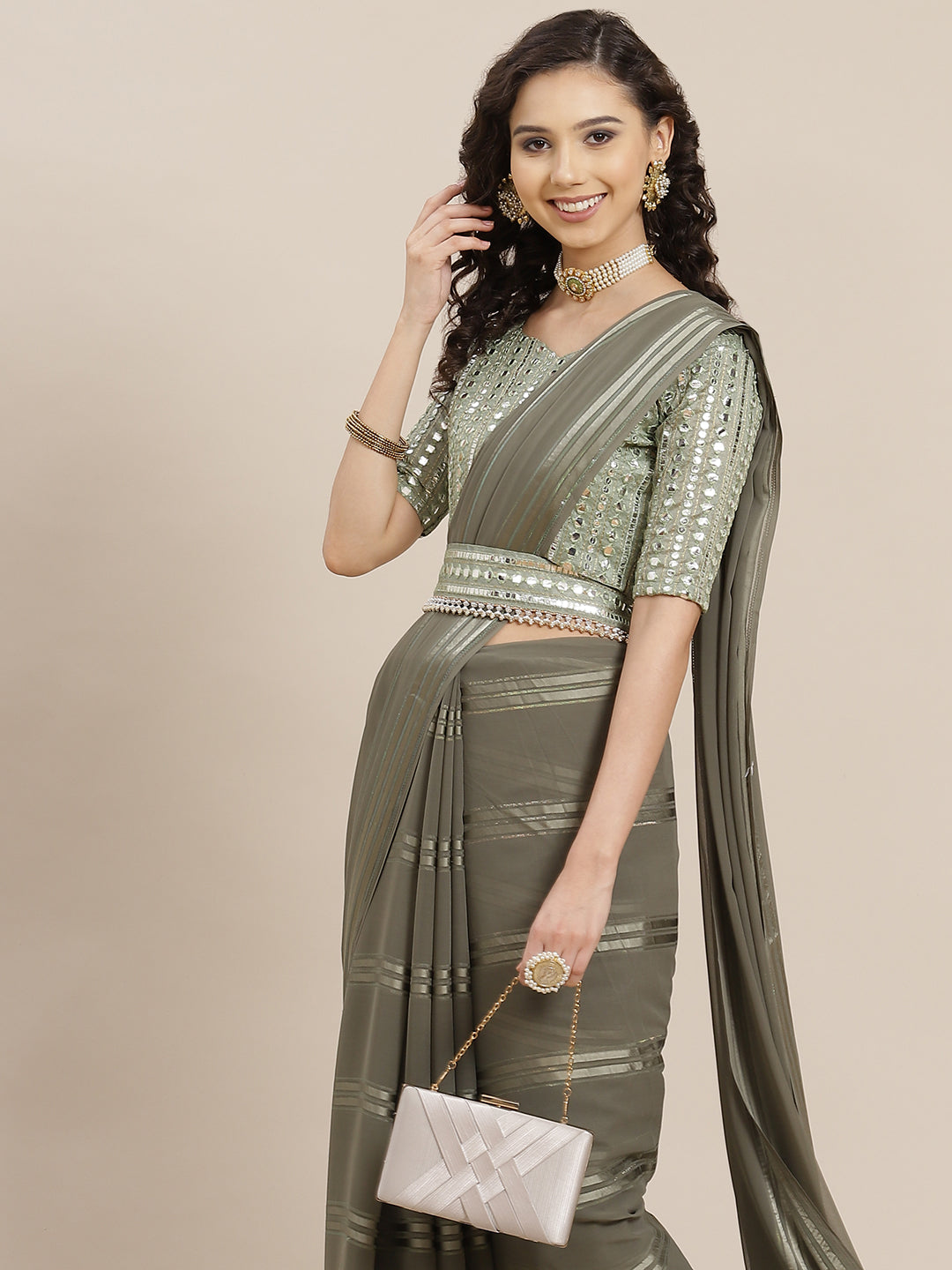 Saree Mall Taupe Striped Leheriya Saree With Belt | Grab2Buy