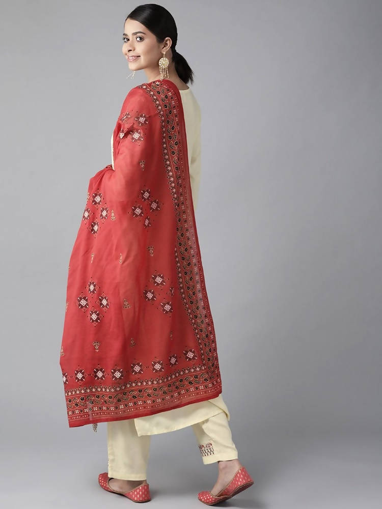 Yufta Women Cream-Coloured Ethnic Motifs Embroidered Regular Thread Work Kurta with Palazzo & With Dupatta | Grab2Buy