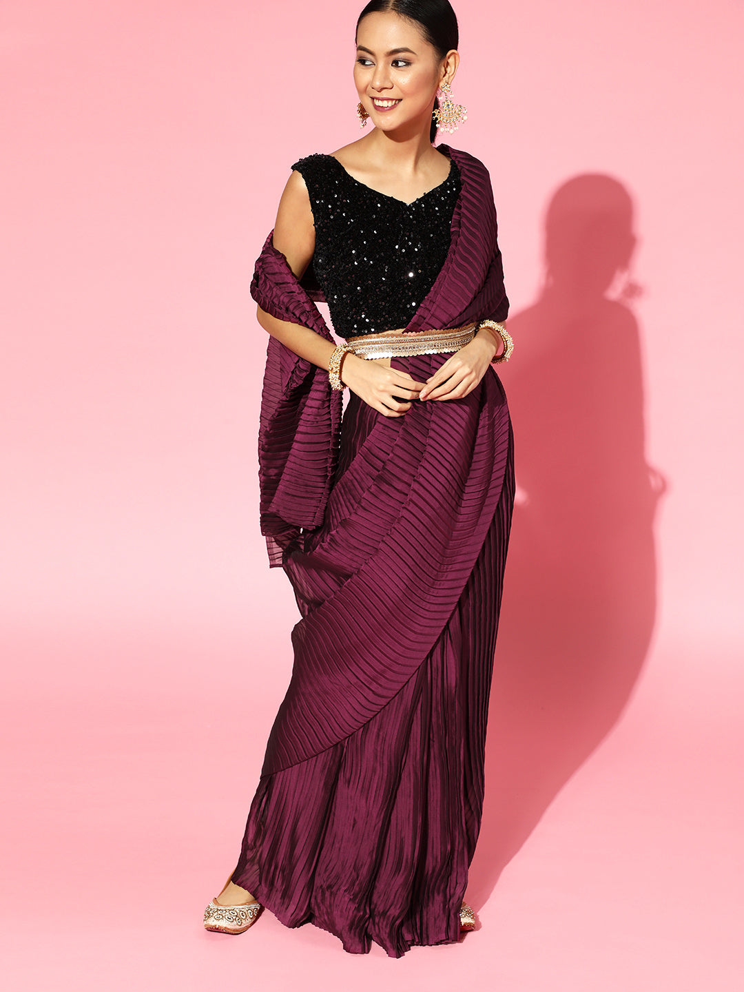 Saree Mall Burgundy Poly Georgette Party Wear Saree with Matching Blouse | Grab2Buy