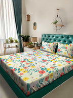 KLOTTHE White & Blue Floral Printed 300 TC King Bedsheet With 2 Pillow covers | Grab2Buy