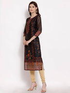 Myshka Women's Multi Chanderi Silk 3/4 Sleeve Round Neck Printed Casual kurta | Grab2Buy