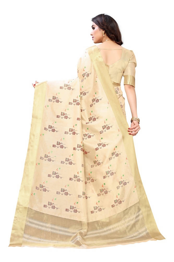 Vamika Cream Color Cotton Polyester Silk Weaving Saree | Grab2Buy