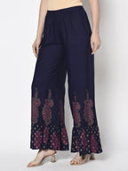 Aniyah Rayon Navy Blue Color Block Print Flared Slip-On Palazzo (AN-216K) | Grab2Buy
