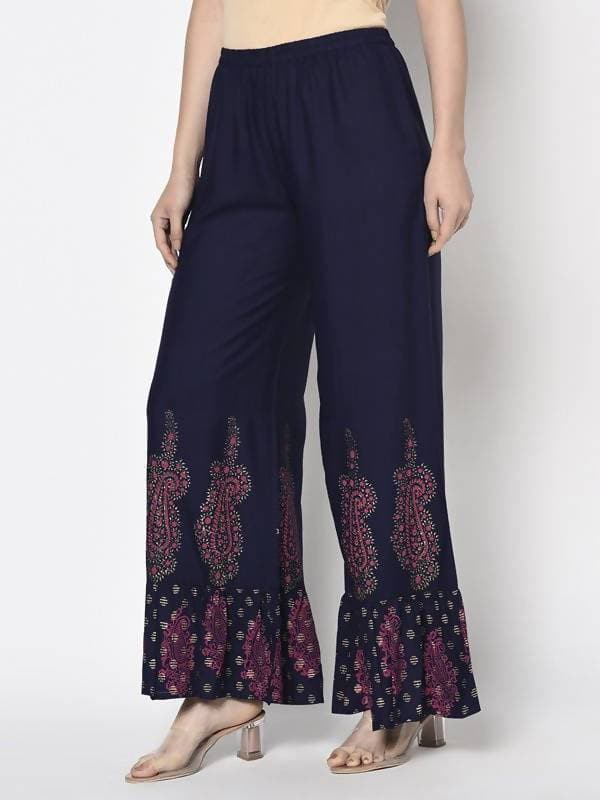 Aniyah Rayon Navy Blue Color Block Print Flared Slip-On Palazzo (AN-216K) | Grab2Buy