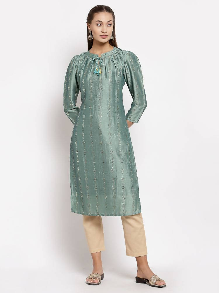 Myshka Women's Green Silk Solid Full Sleeve Round Neck Casual Kurta | Grab2Buy