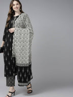 Yufta Women Black Ikat Printed Pure Cotton Kurta with Palazzo and Dupatta | Grab2Buy